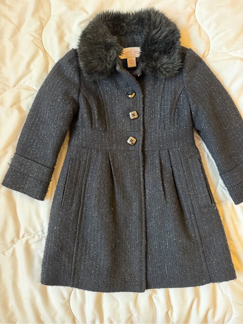 Girls' Black Shimmery Coat with Faux Fur Collar